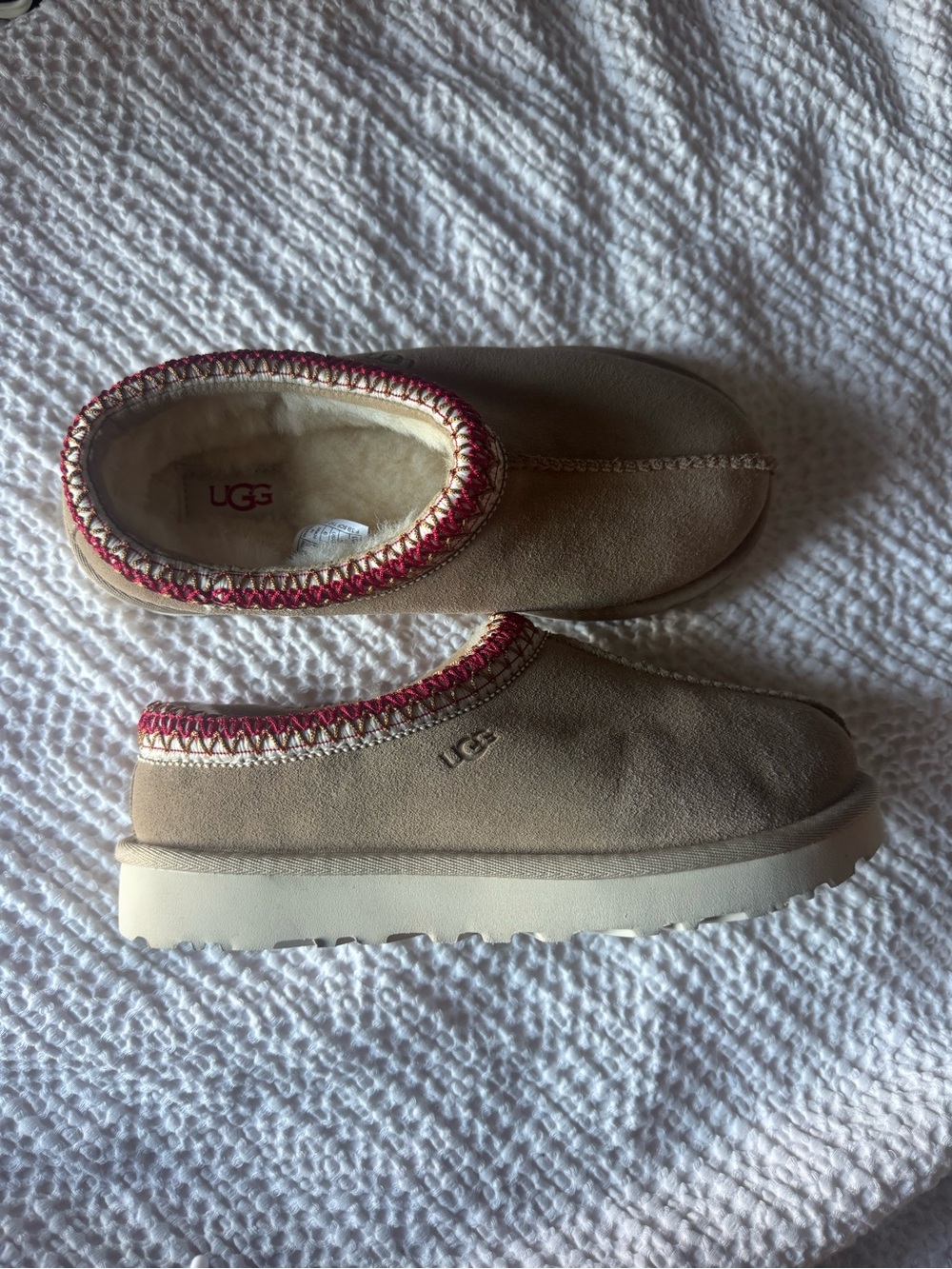 UGG Women's Slip-On Suede Slippers in Chestnut with Pink Trim